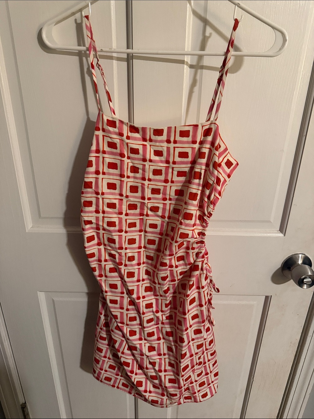 Zara Red & White Geometric Spaghetti-Strap Mini Dress